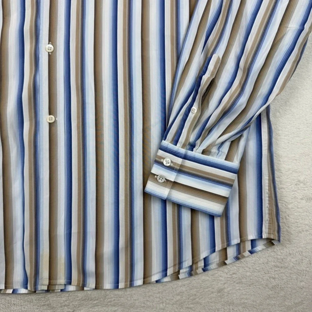 Faconnable Mens XXL‎ Blue/Tan/White Striped Long Sleeve Button Down Cotton Shirt